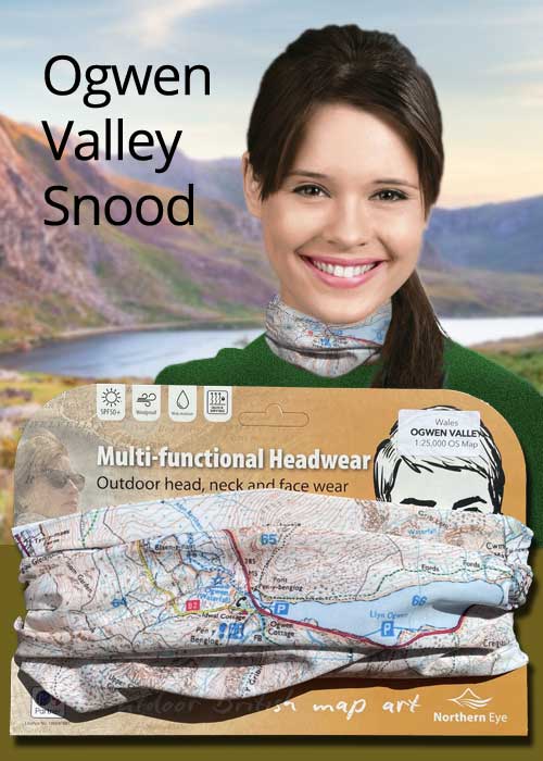 Map snood buff neck tube scarf - BOgwen Valley Snowdonia 1:25,000 OS Map - map snoods for sale